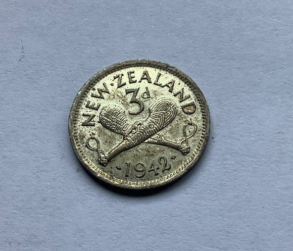 1942 New Zealand threepence coin .500 silver